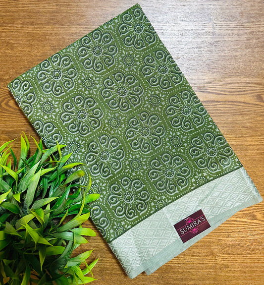 Green Chanderi Cotton Ajrakh Printed Saree