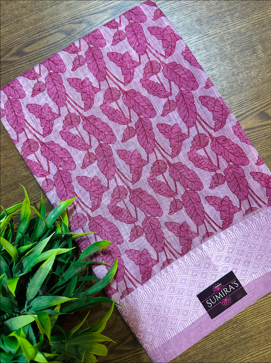 Pink Chanderi Cotton Leaf Printed Saree