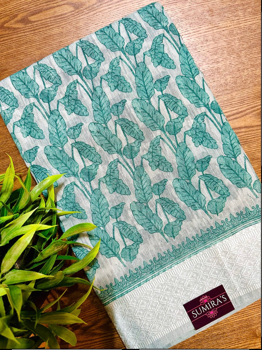 Blue Chanderi Cotton Leaf Printed Saree