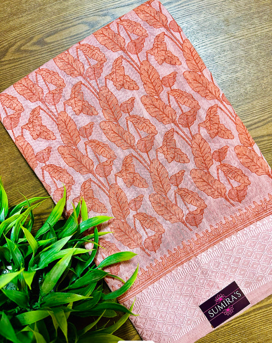 Orange Chanderi Cotton Leaf Printed Saree