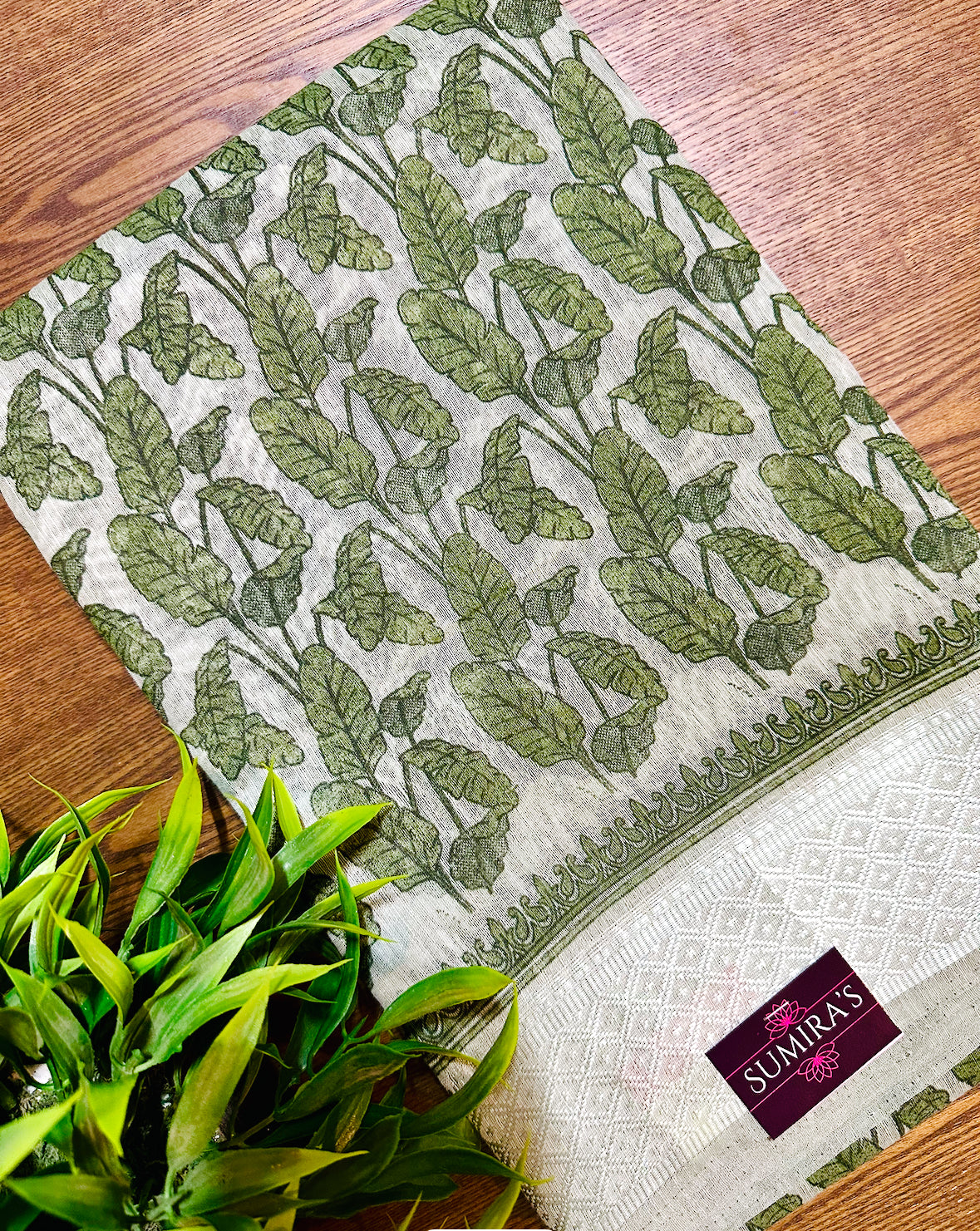 Green Chanderi Cotton Leaf Printed Saree
