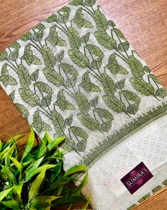 Green Chanderi Cotton Leaf Printed Saree