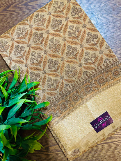 Light Brown Chanderi Cotton Floral Printed Saree