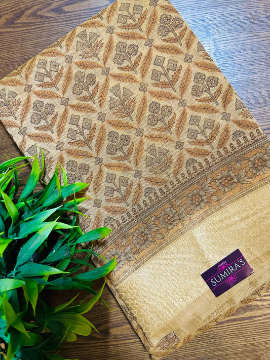 Light Brown Chanderi Cotton Floral Printed Saree