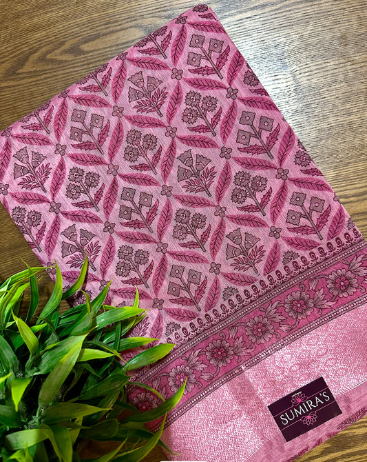 Pink Chanderi Cotton Floral Printed Saree