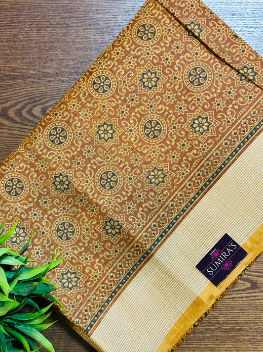 Mustard Chanderi Cotton Ajrakh Printed Saree