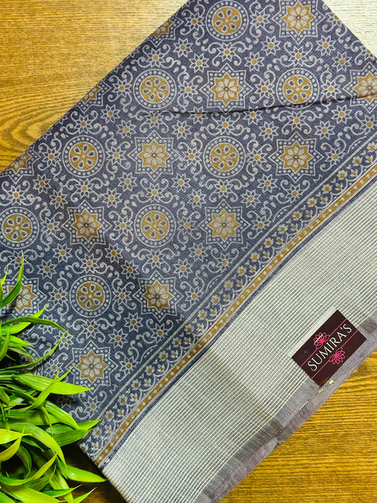 Daffane Blue Chanderi Cotton Ajrakh Printed Saree