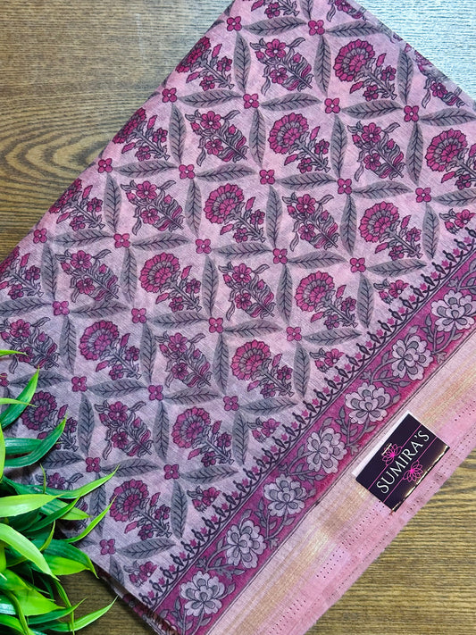 Pink Chanderi Cotton Jaal Printed Saree