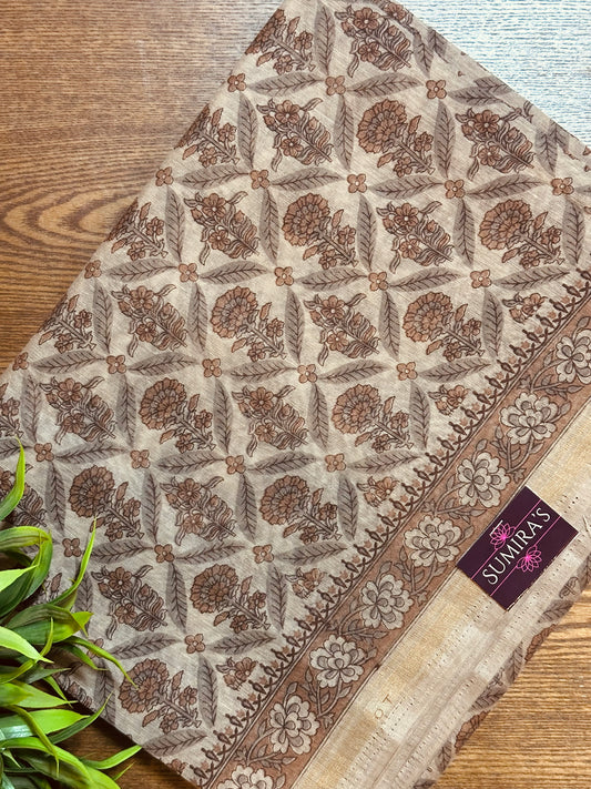 Cream Chanderi Cotton Floral Printed Saree