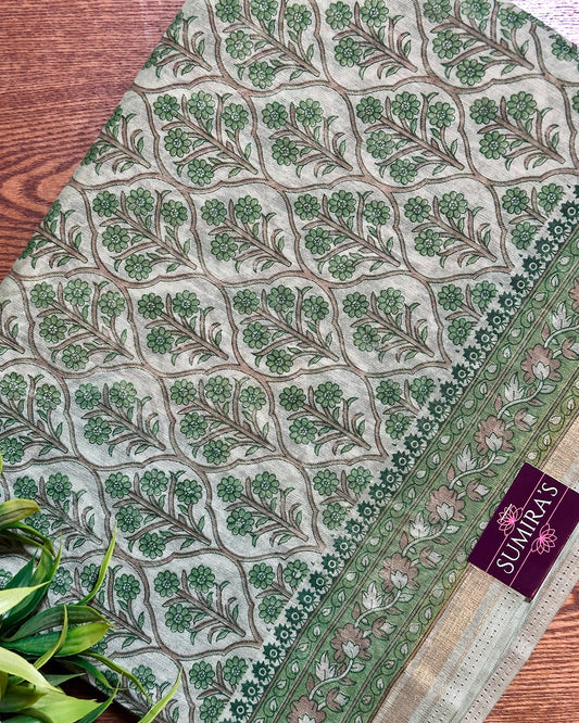 Green Chanderi Cotton Floral Printed Saree