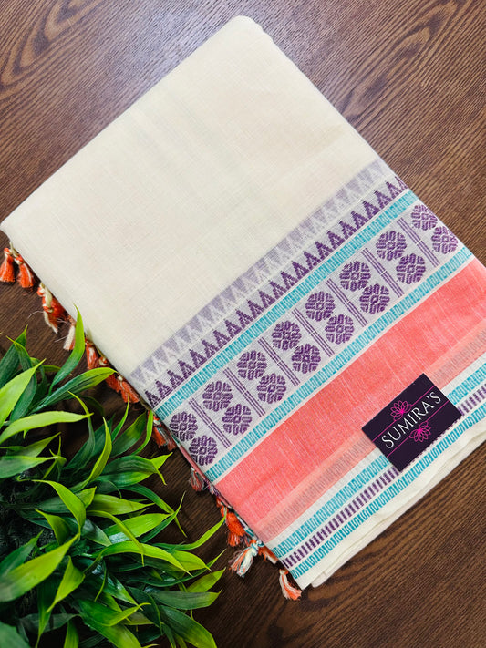 Cream Pure Mangalagiri Organic Cotton Saree
