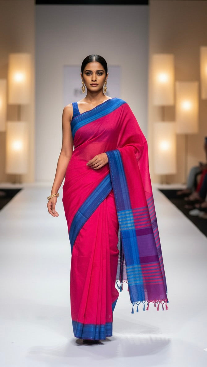 Bright Pink Pure Mangalagiri Organic Cotton Saree
