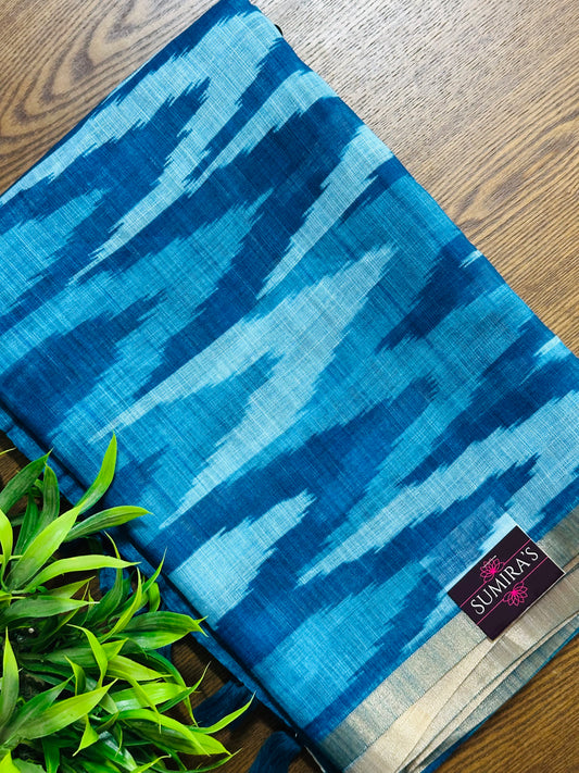 Navy Blue Linen Cotton Ikkat Printed Saree