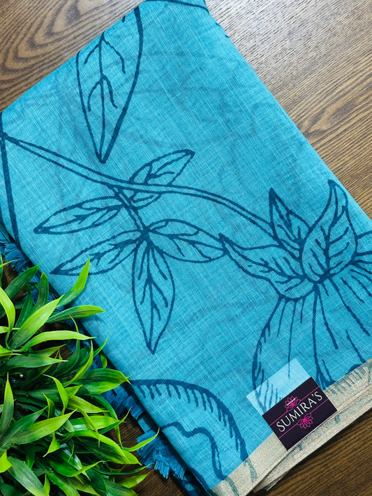 Blue Linen Cotton Ikkat Printed Saree