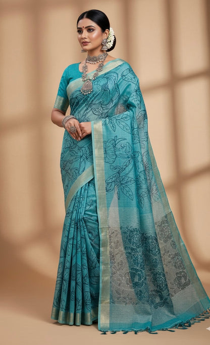 Blue Linen Cotton Ikkat Printed Saree