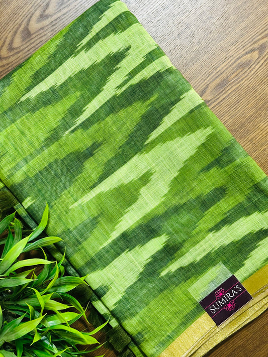 Green Linen Cotton Ikkat Printed Saree