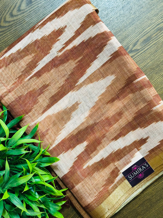 Brown Linen Cotton Ikkat Printed Saree