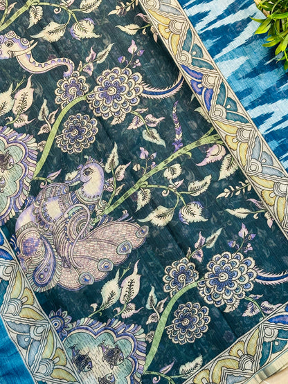 Navy Blue Linen Cotton Ikkat Printed Saree