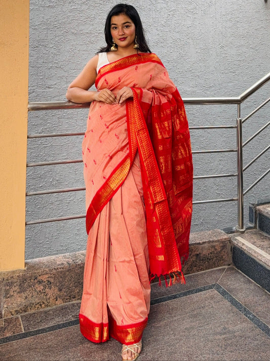 Peach Pure Kalyani Cotton Saree