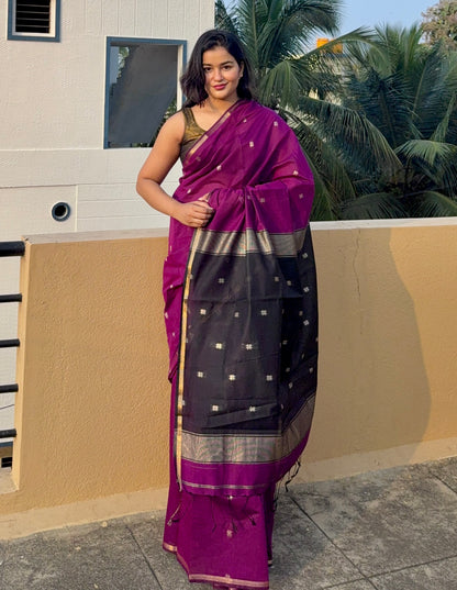 Wine Maheshwari Cotton Silk Saree