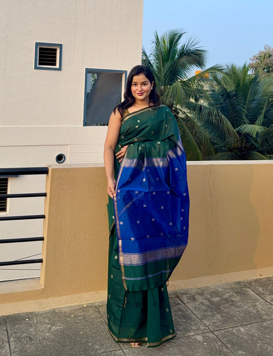 Deep Green Maheshwari Cotton Silk Saree