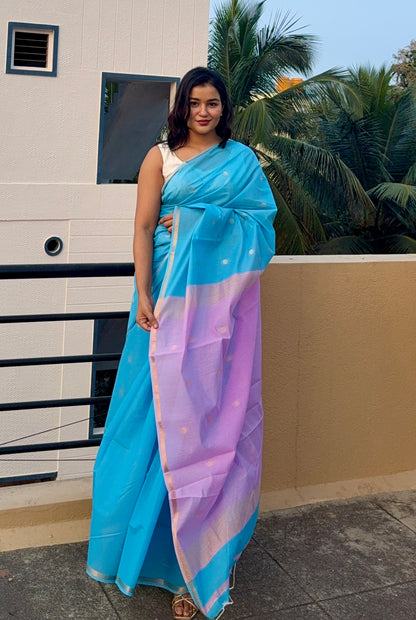 Light Blue Maheshwari Cotton Silk Saree