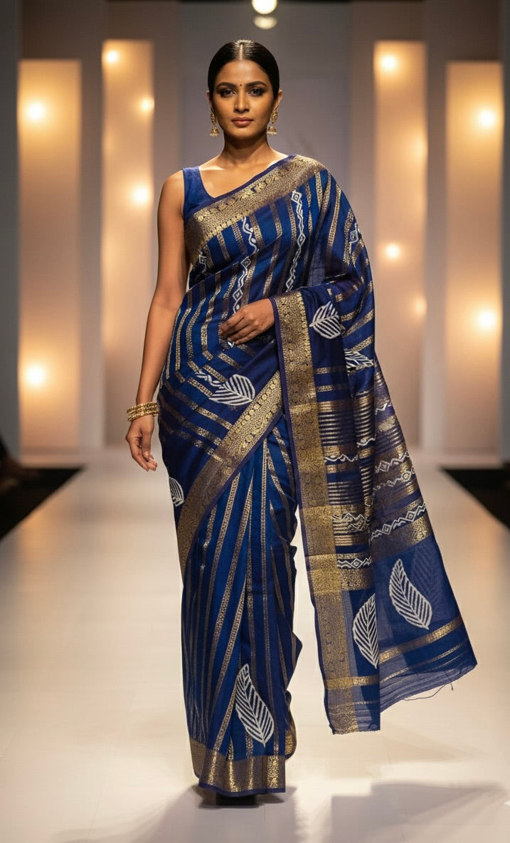 Navy Blue Pure Mul Cotton Saree