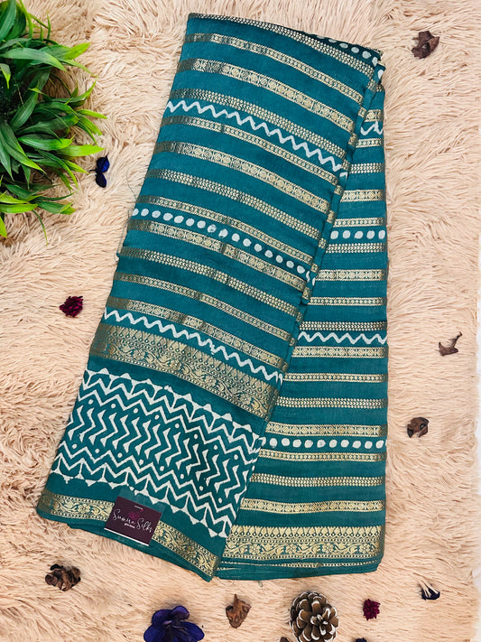 Teal Blue Pure Mul Cotton Saree