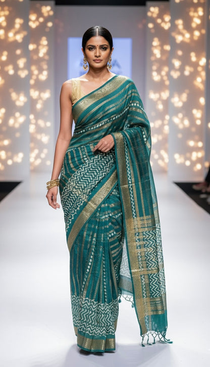 Teal Blue Pure Mul Cotton Saree