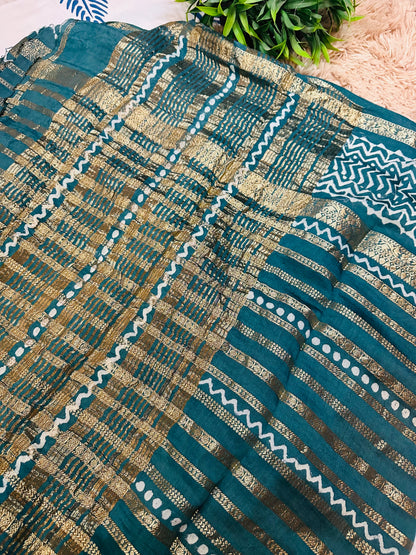 Teal Blue Pure Mul Cotton Saree