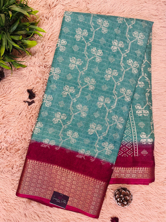 Teal Blue Cotton Silk Saree