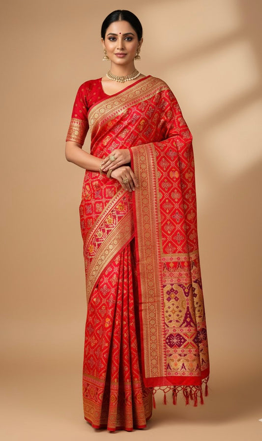 Red Patola Tussar Silk Saree
