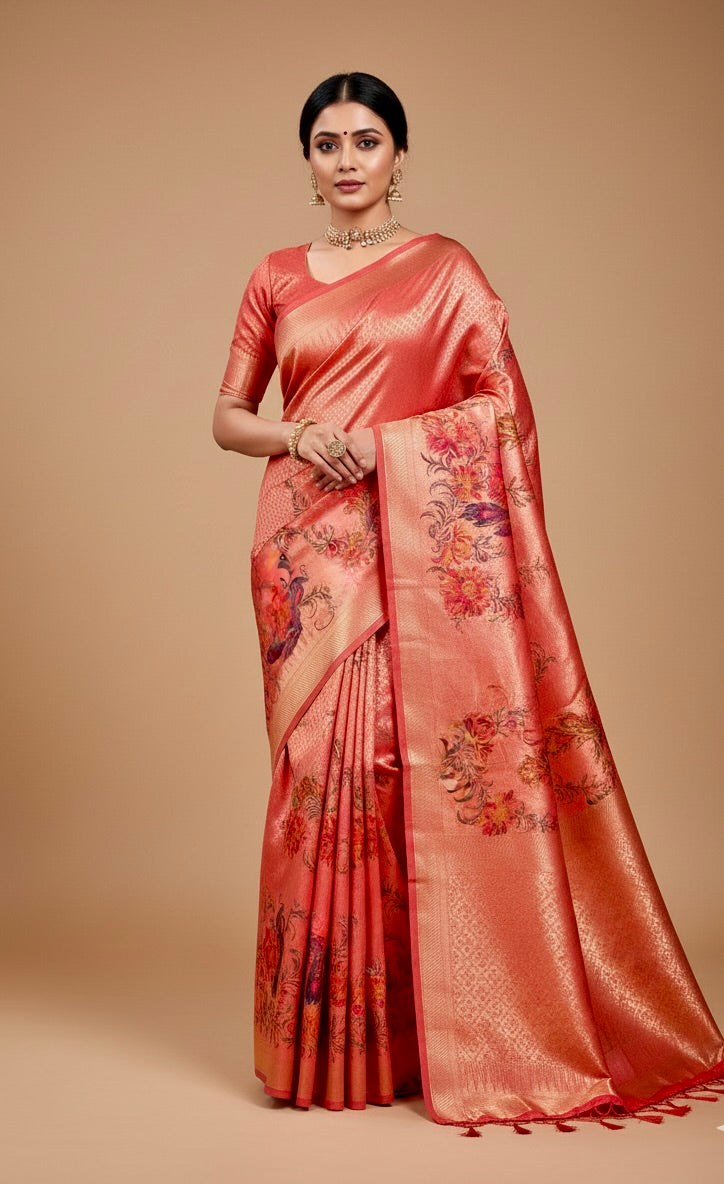 Scarlet Red Tissue Silk  Saree