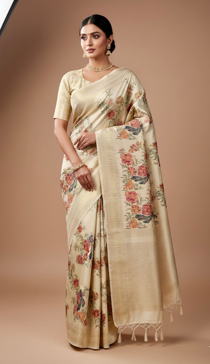 Cream Tissue Silk Saree