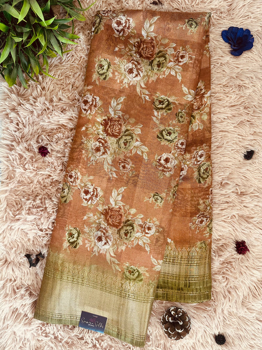 Light Brown Floral Silk Saree
