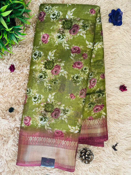 Pista Green Floral Silk Saree