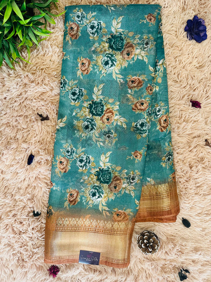 Light Blue Floral Silk Saree
