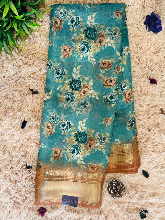 Light Blue Floral Silk Saree