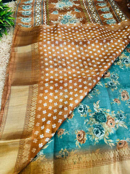 Light Blue Floral Silk Saree
