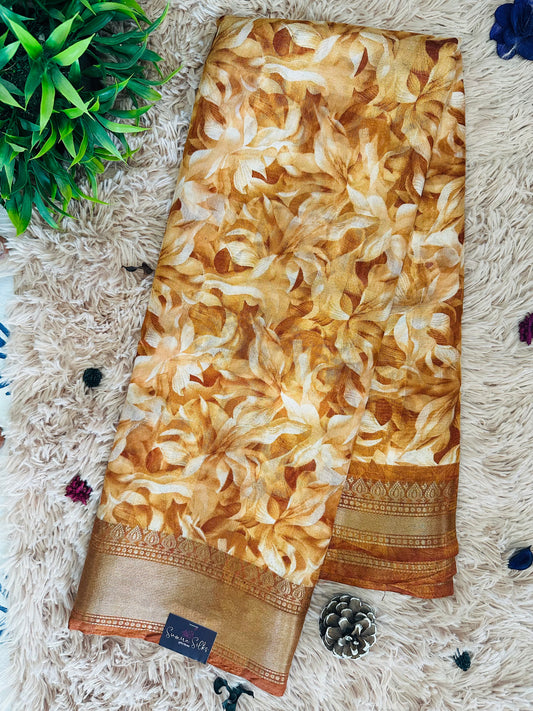 Orange Floral Silk Saree