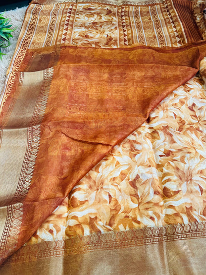Orange Floral Silk Saree