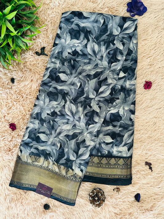 Grey Floral Silk Saree