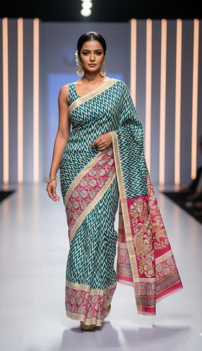 Teal Blue Chirala Cotton Saree