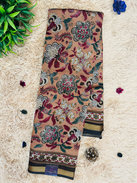 Peach Floral Maheshwari Silk Saree