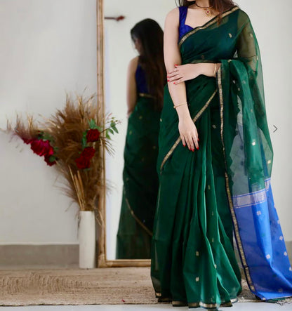 Deep Green Maheshwari Cotton Silk Saree