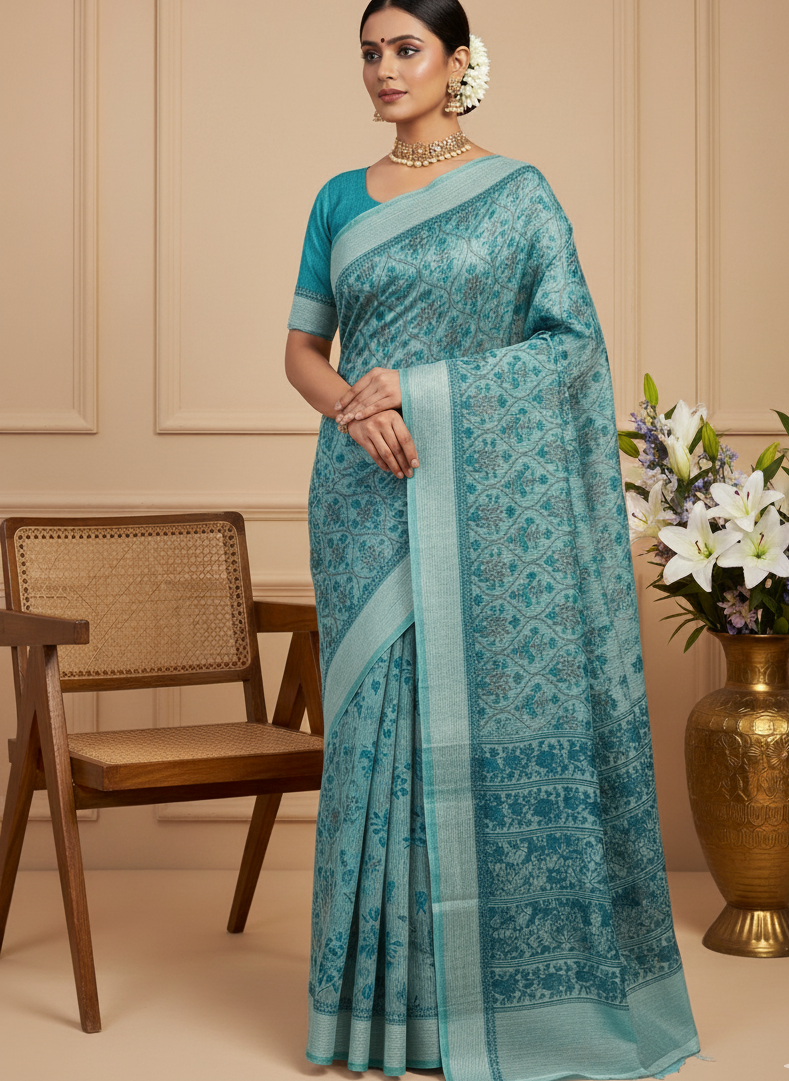 Blue Chanderi Cotton Floral Printed Saree