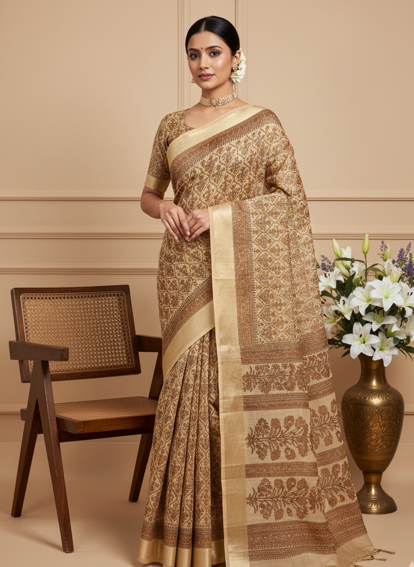 Peach Chanderi Cotton Floral Printed Saree