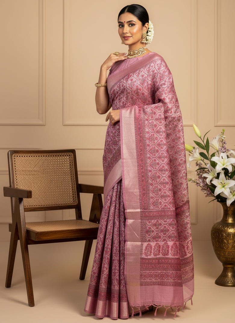 Pink Chanderi Cotton Floral Printed Saree