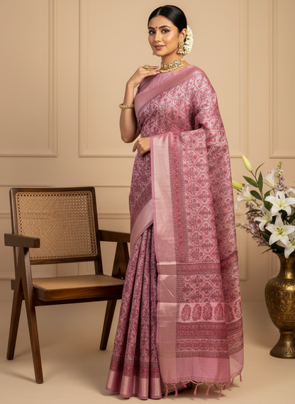 Pink Chanderi Cotton Floral Printed Saree