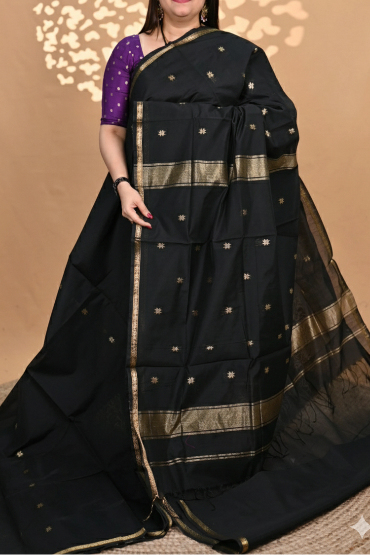 Black Maheshwari Cotton Silk Saree